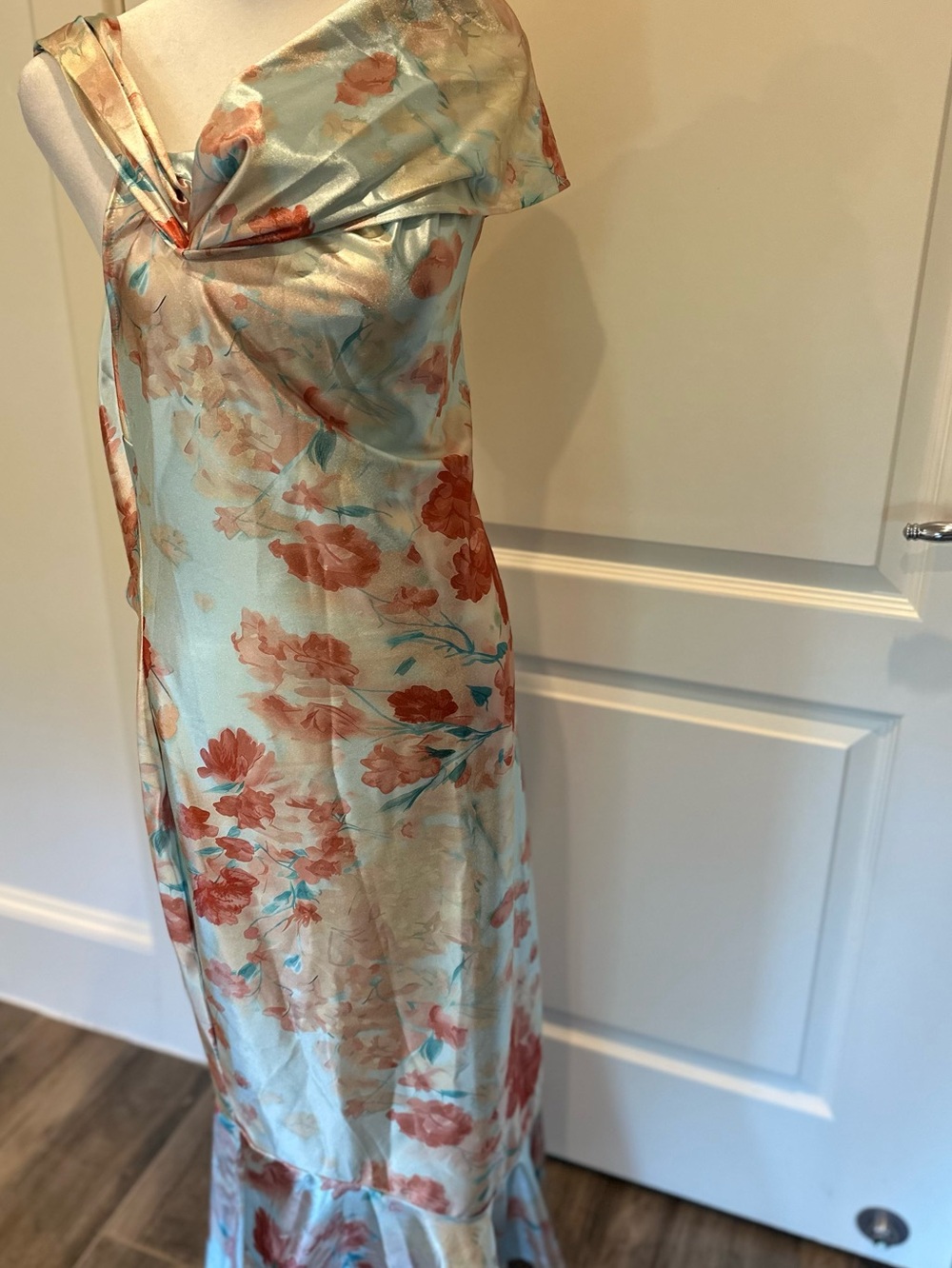 Elegant Floral Satin Slip Dress in Pale Green and Coral